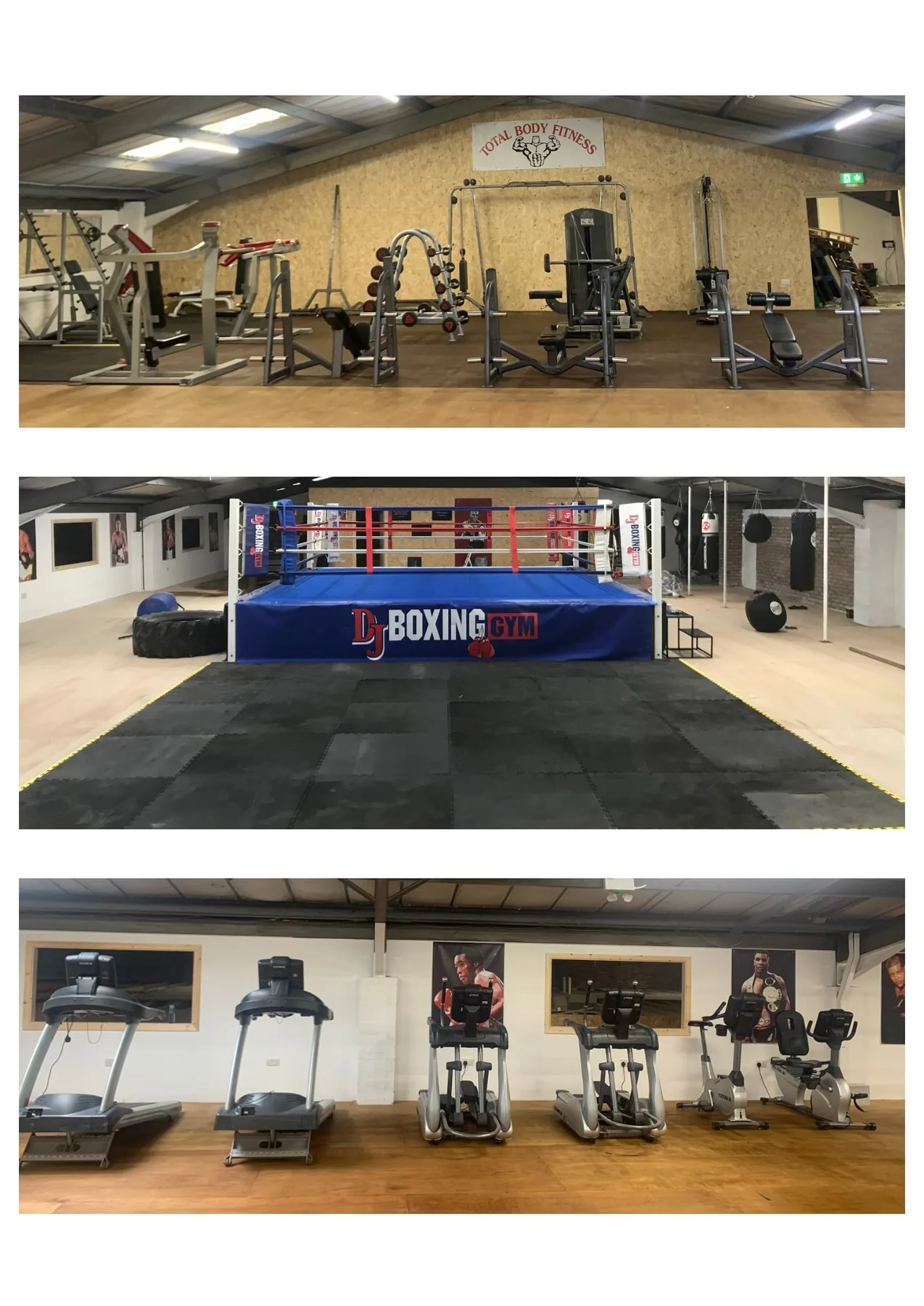 Resistance machines, the boxing ring and the cardio suite at Total Body Fitness
